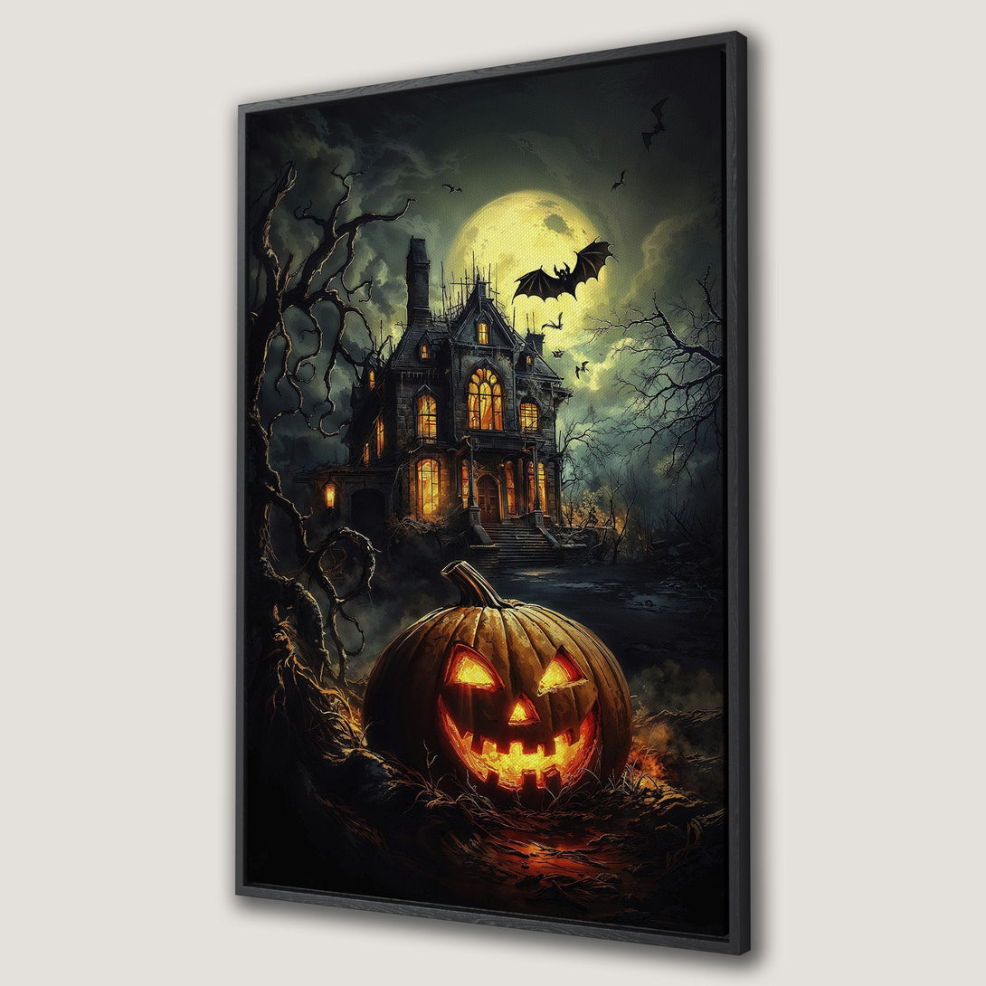Framed Wall Art: Spooky Halloween scene with haunted house, jack-o'-lantern, and bats. Dark, moody color palette with orange and black tones. Perfect for Halloween decor.