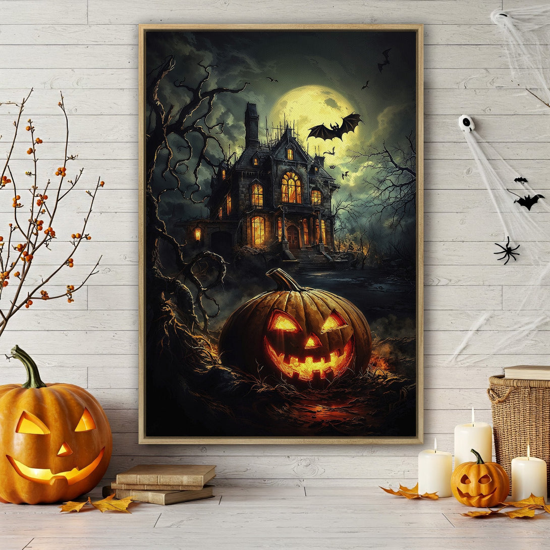 Framed Wall Art: Spooky Halloween scene with a haunted house and jack-o'-lantern. Dark, moody color palette with orange and black accents. Perfect for seasonal decor.