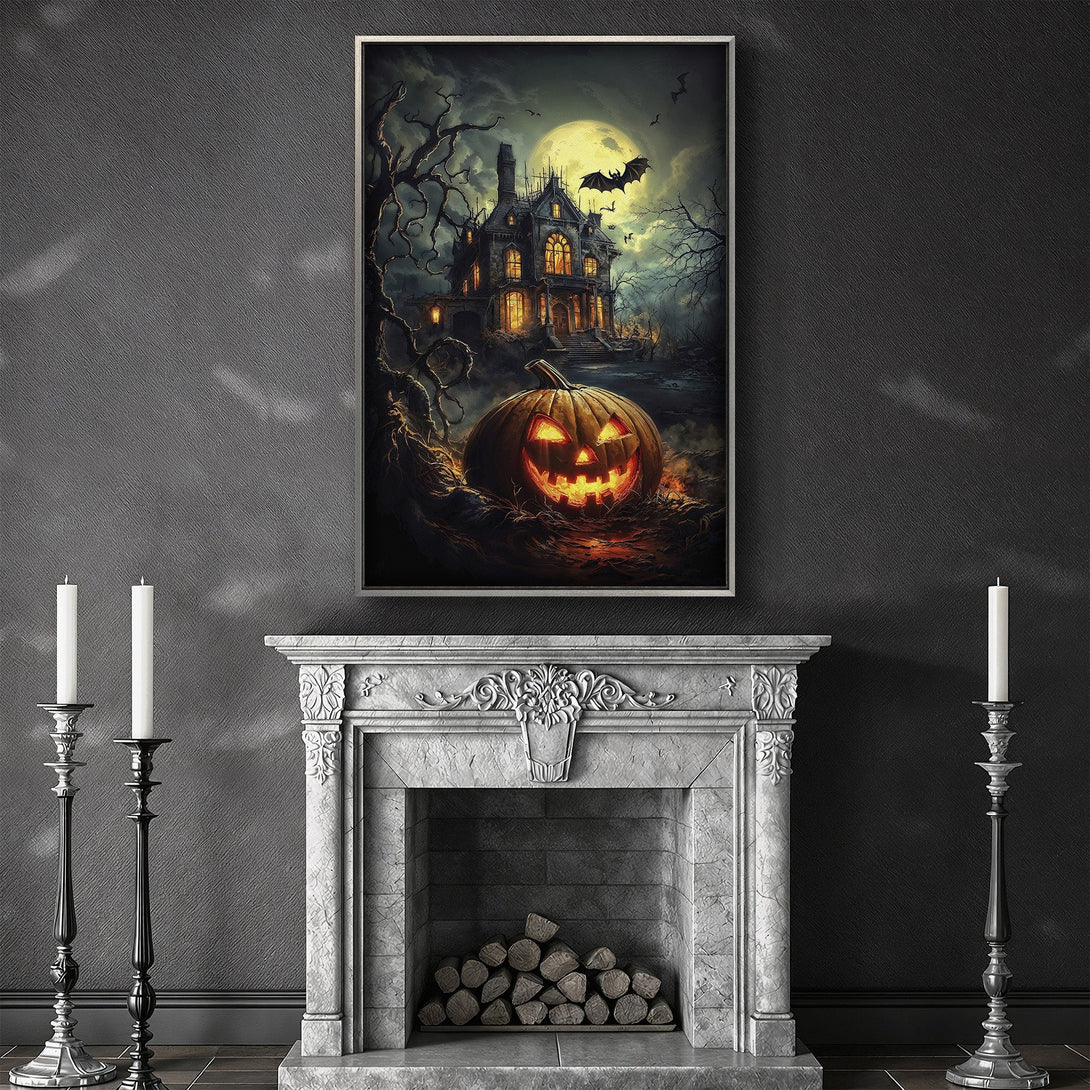 Framed Wall Art: Spooky Halloween scene with haunted house and glowing pumpkin, dark and moody color palette. Perfect for a chilling decor!