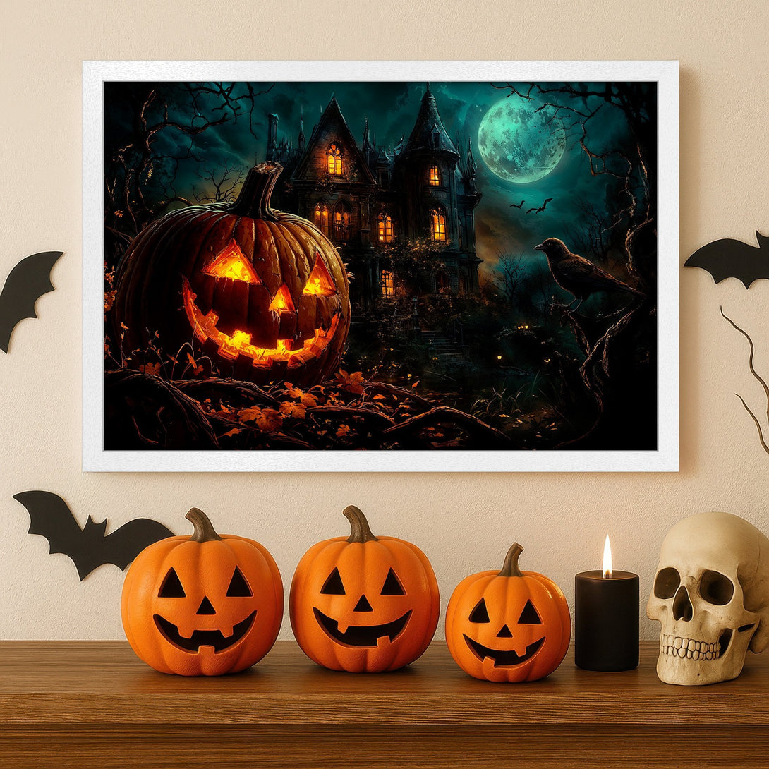 Framed Poster: Spooky Halloween art with a haunted house, glowing pumpkin, and dark teal & orange color palette. Perfect for Halloween decor!