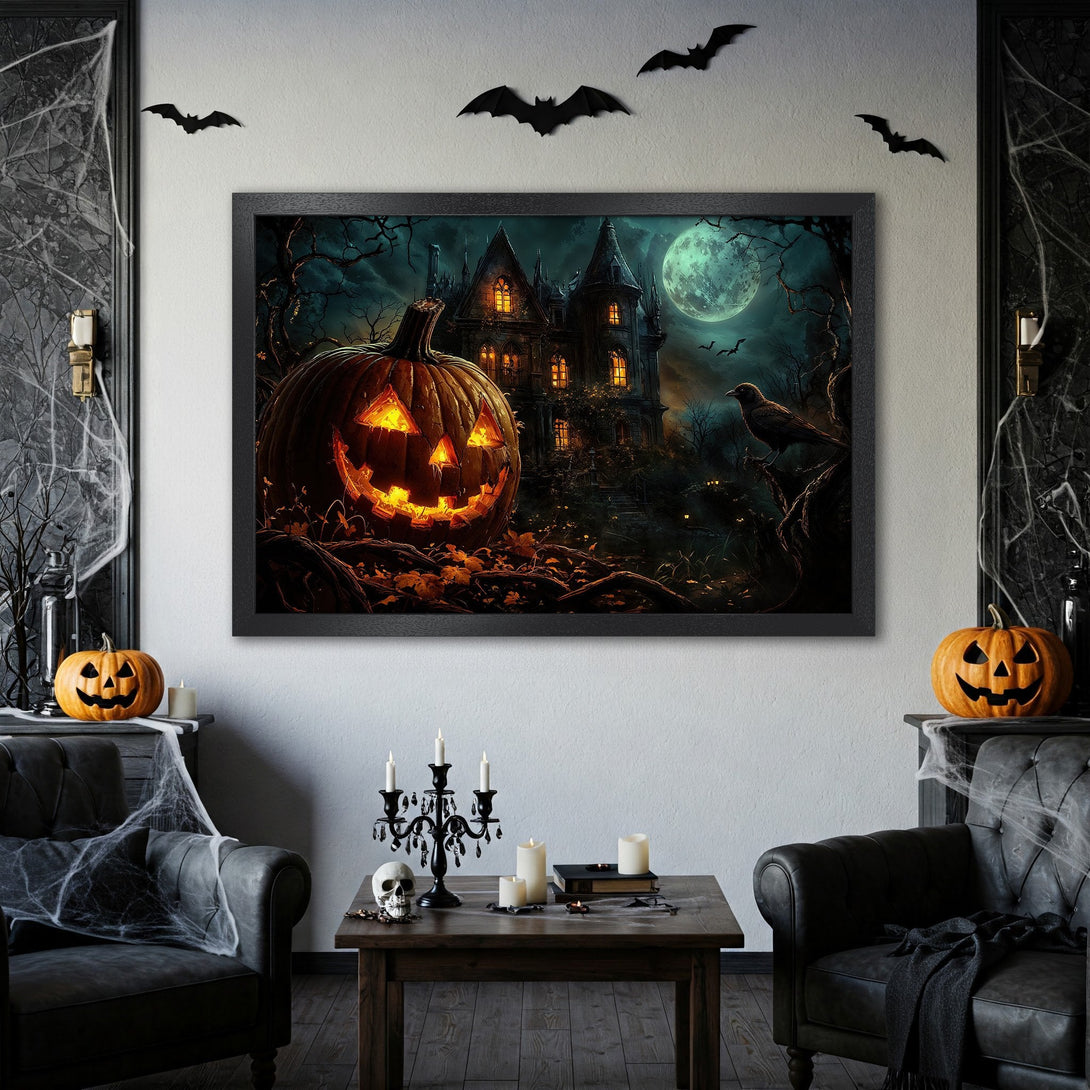 Framed Poster: Spooky Halloween scene with a glowing jack-o'-lantern and haunted house, dark style, teal and orange color palette.