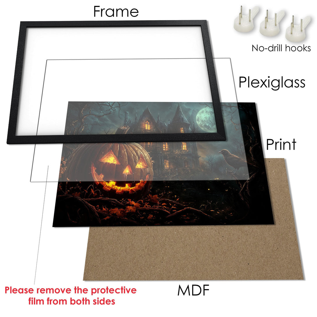 Framed Poster featuring a spooky Halloween scene with a pumpkin and haunted house. Dark, moody color palette. Perfect for Halloween decor!