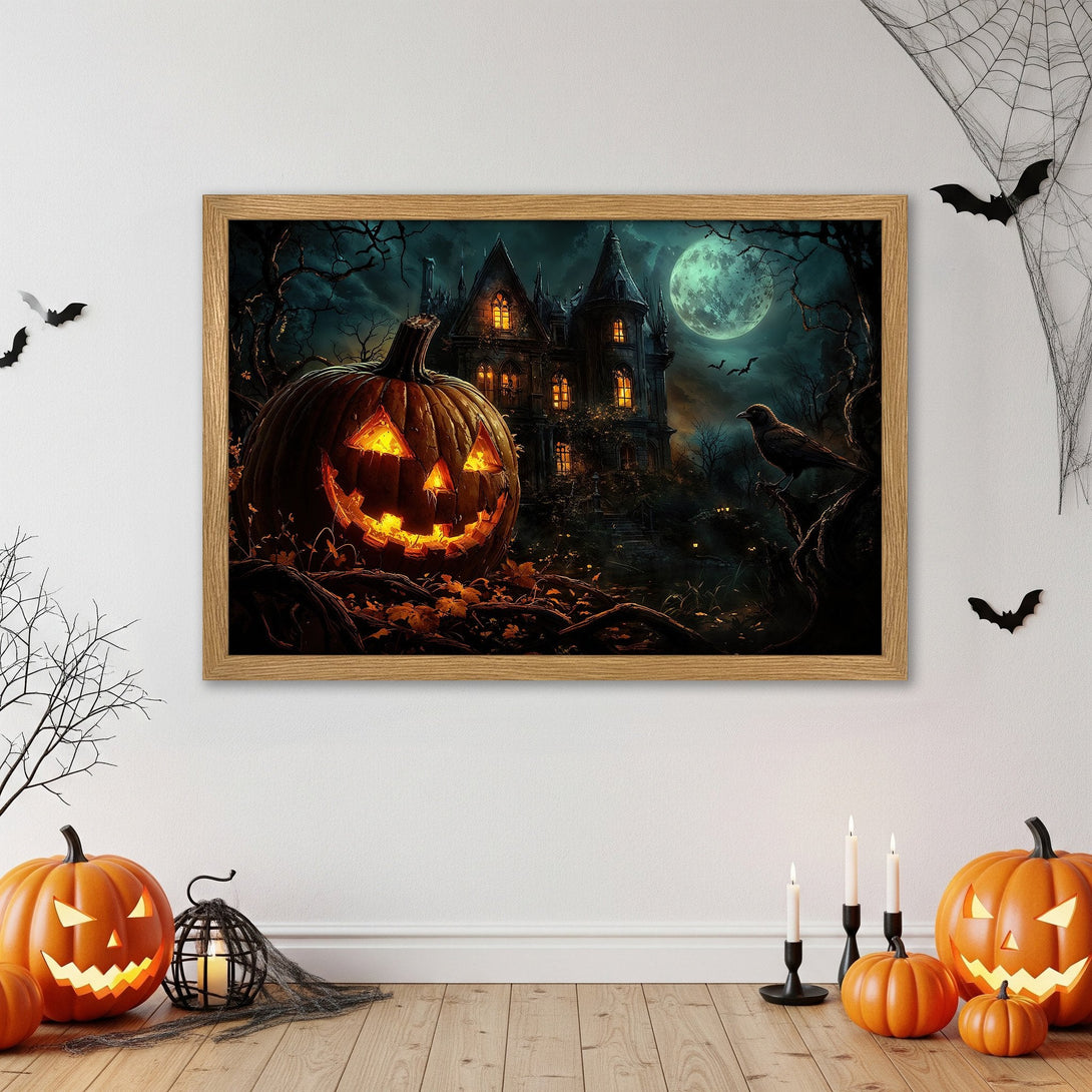 Framed Poster featuring a spooky Halloween scene with a jack-o'-lantern, haunted house, and dark color palette. Perfect for Halloween decor!