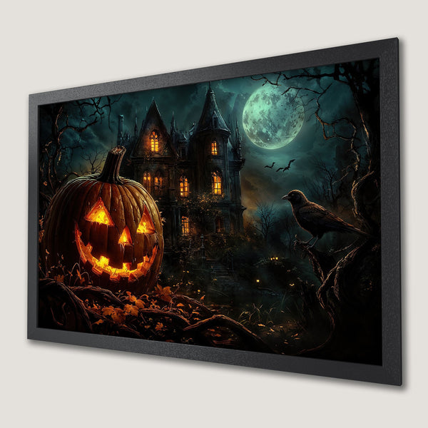 Framed Poster featuring a spooky Halloween scene with a jack-o'-lantern, haunted house, and raven. Dark, moody color palette perfect for Halloween decor.