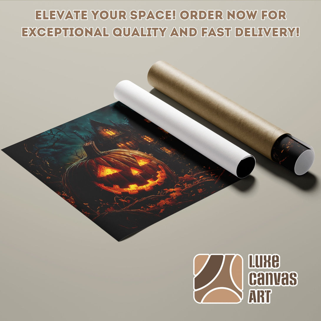 Halloween Poster Roll with pumpkin and spooky house, dark color palette. Order now!