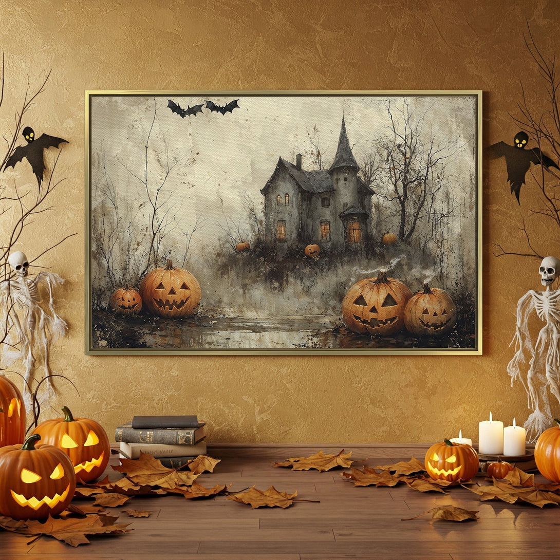Canvas Print: Spooky Halloween scene with a haunted house painting, pumpkins, and a muted orange and black color palette. Perfect for seasonal decor.