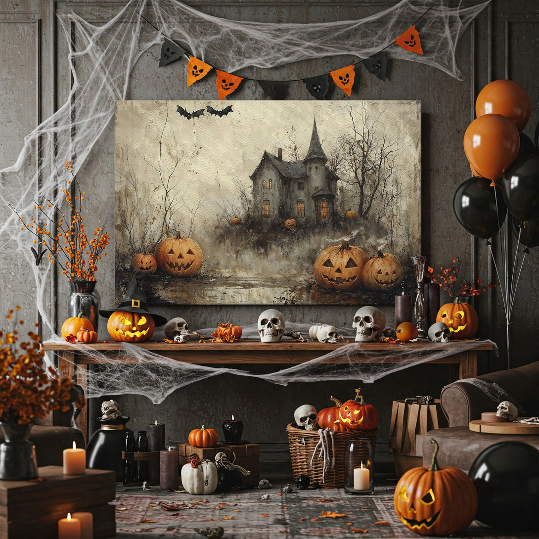 Framed Wall Art: Spooky Halloween scene with haunted house and pumpkins. Vintage style, neutral and orange color palette. Perfect for fall decor.