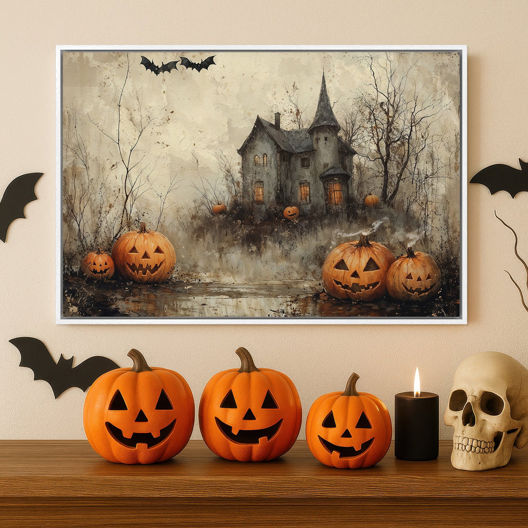 Framed Wall Art: Spooky Halloween scene with haunted house, jack-o'-lanterns, and bats. Vintage style, neutral and orange color palette. Perfect for fall decor.
