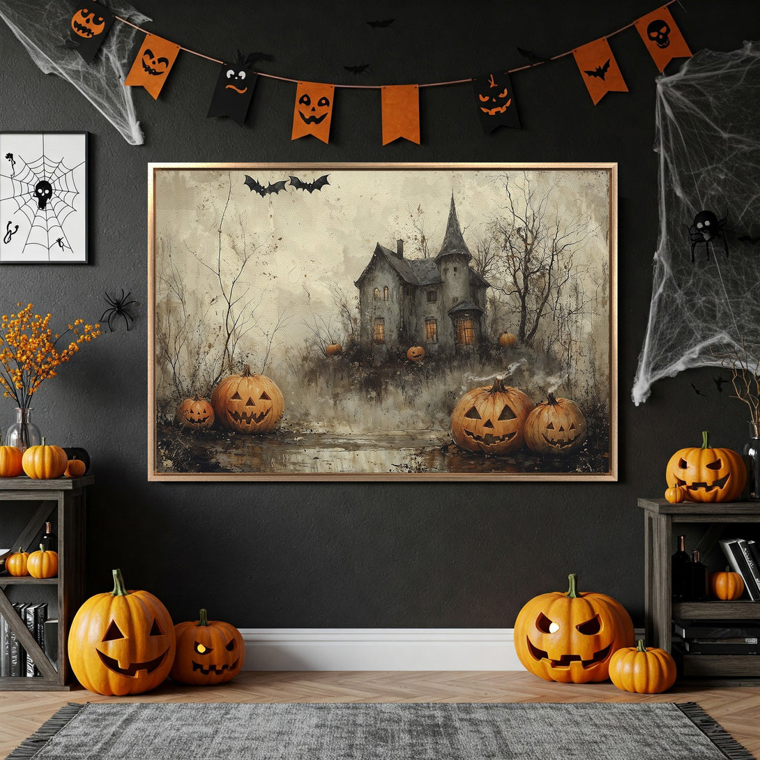 Framed Wall Art: Spooky Halloween scene with haunted house & jack-o'-lanterns. Vintage style, warm orange, brown, and gray color palette. Perfect for fall decor.