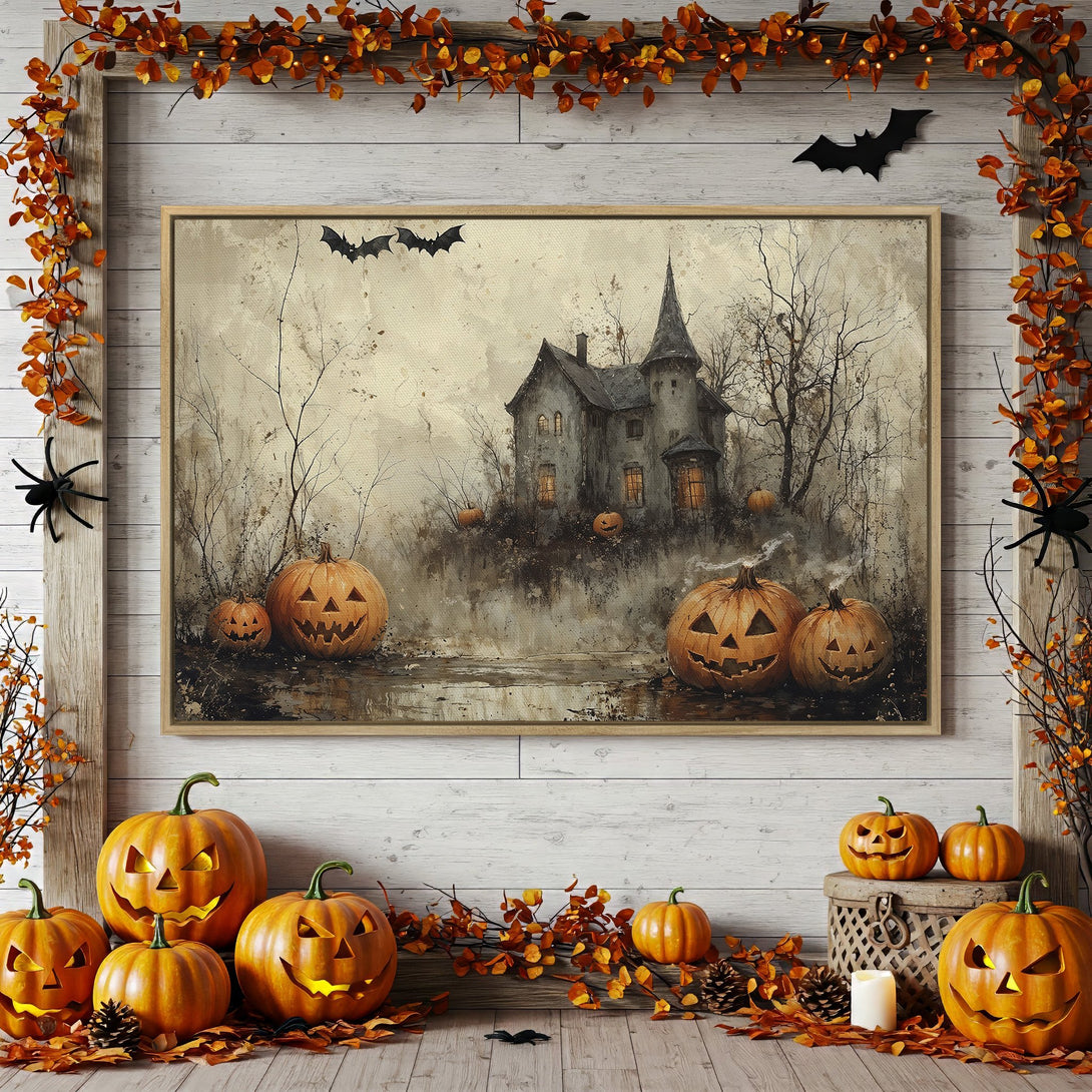 Framed Wall Art: Spooky Halloween scene with haunted house, pumpkins, and fall foliage. Neutral color palette. Perfect for seasonal decor.