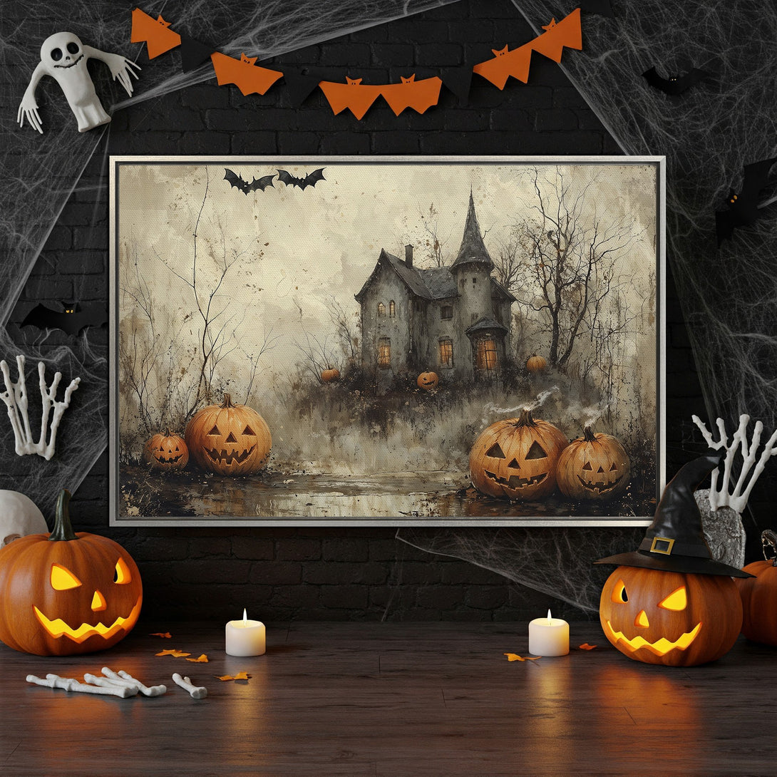 Framed Wall Art: Spooky Halloween castle scene in muted tones. Perfect for adding a touch of eerie elegance to your decor. Shop now!