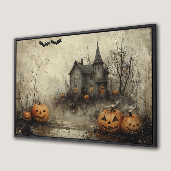 Framed Wall Art: Spooky Halloween scene with haunted house and jack-o'-lanterns, in a vintage, muted color palette. Perfect for seasonal decor.