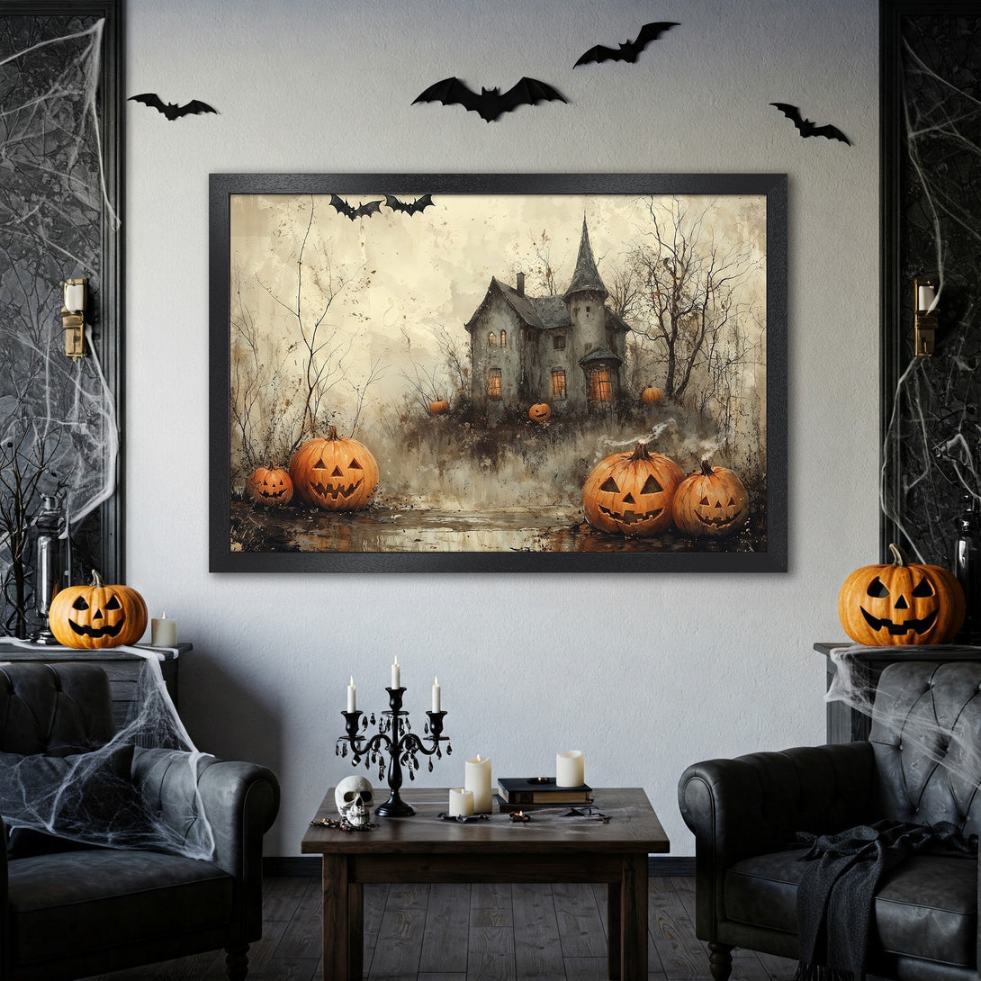 Framed Poster featuring a spooky Halloween scene with a haunted house and pumpkins, in a vintage style with a warm, earthy palette.