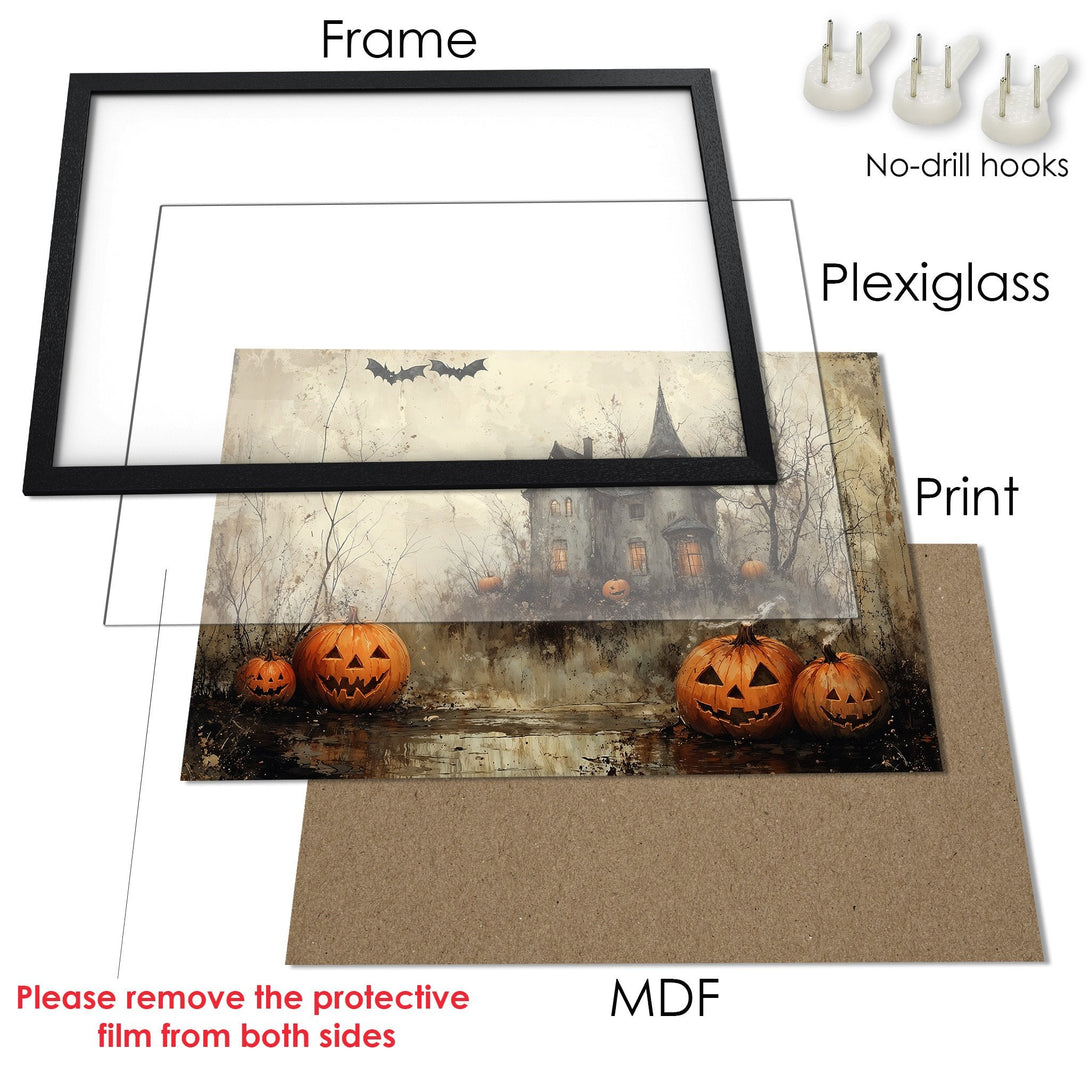 Framed Poster featuring a spooky Halloween scene with pumpkins & haunted house, in a vintage style with warm, earthy tones.