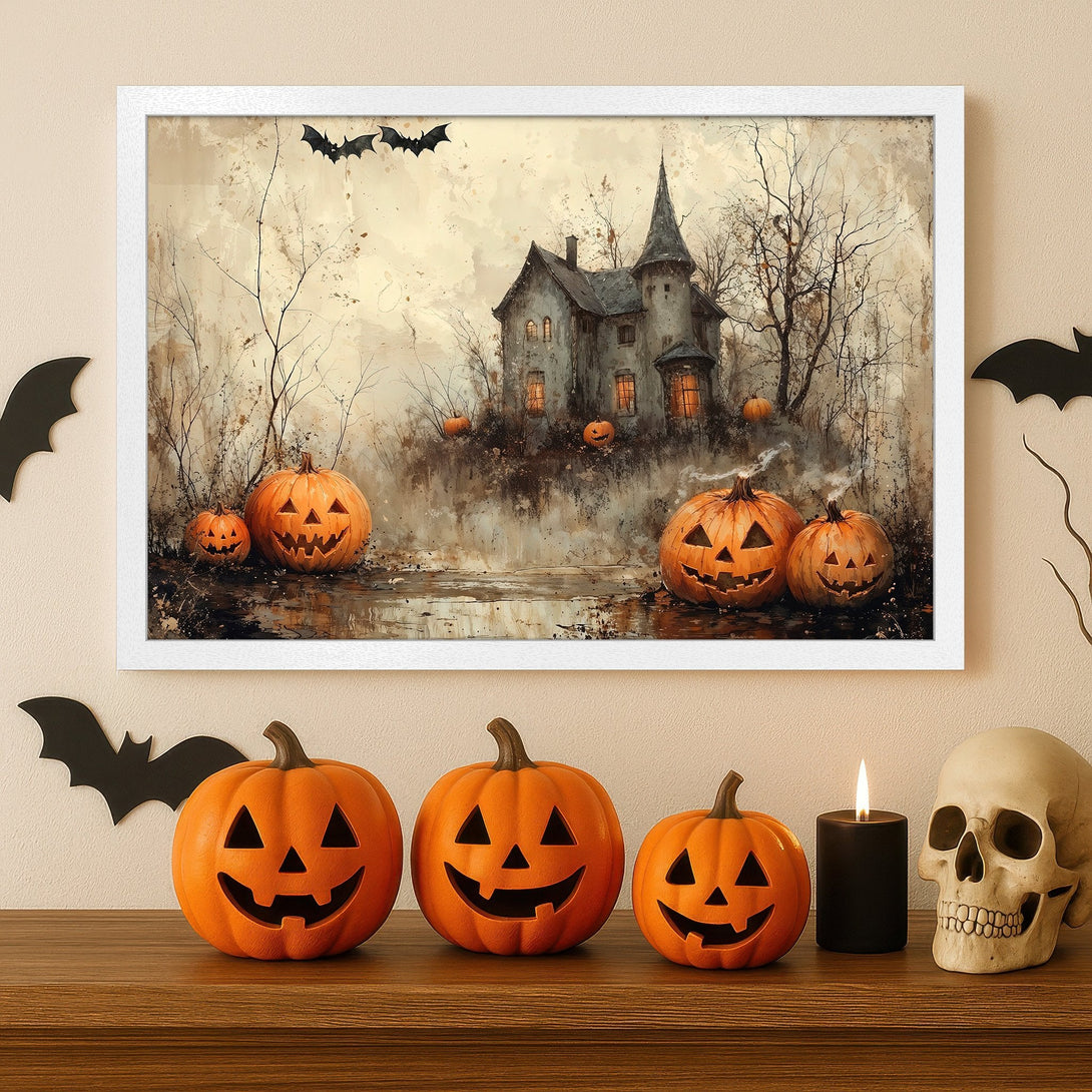 Framed Poster featuring a spooky Halloween scene with pumpkins, a haunted house, and bats in a vintage style with a warm color palette.