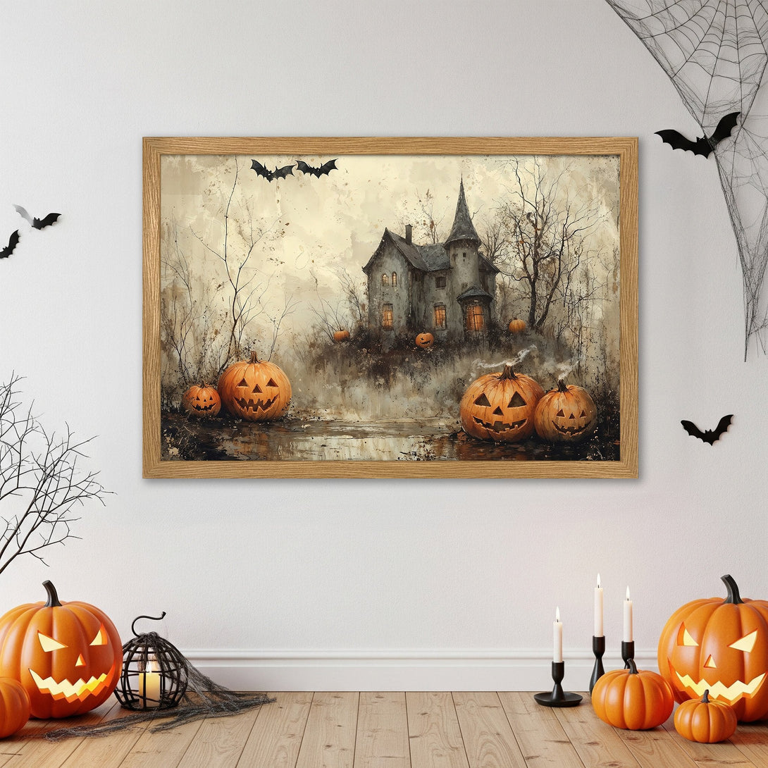 Framed Poster featuring a spooky Halloween scene with a haunted house, pumpkins, and bats. Neutral color palette. Perfect for fall decor!
