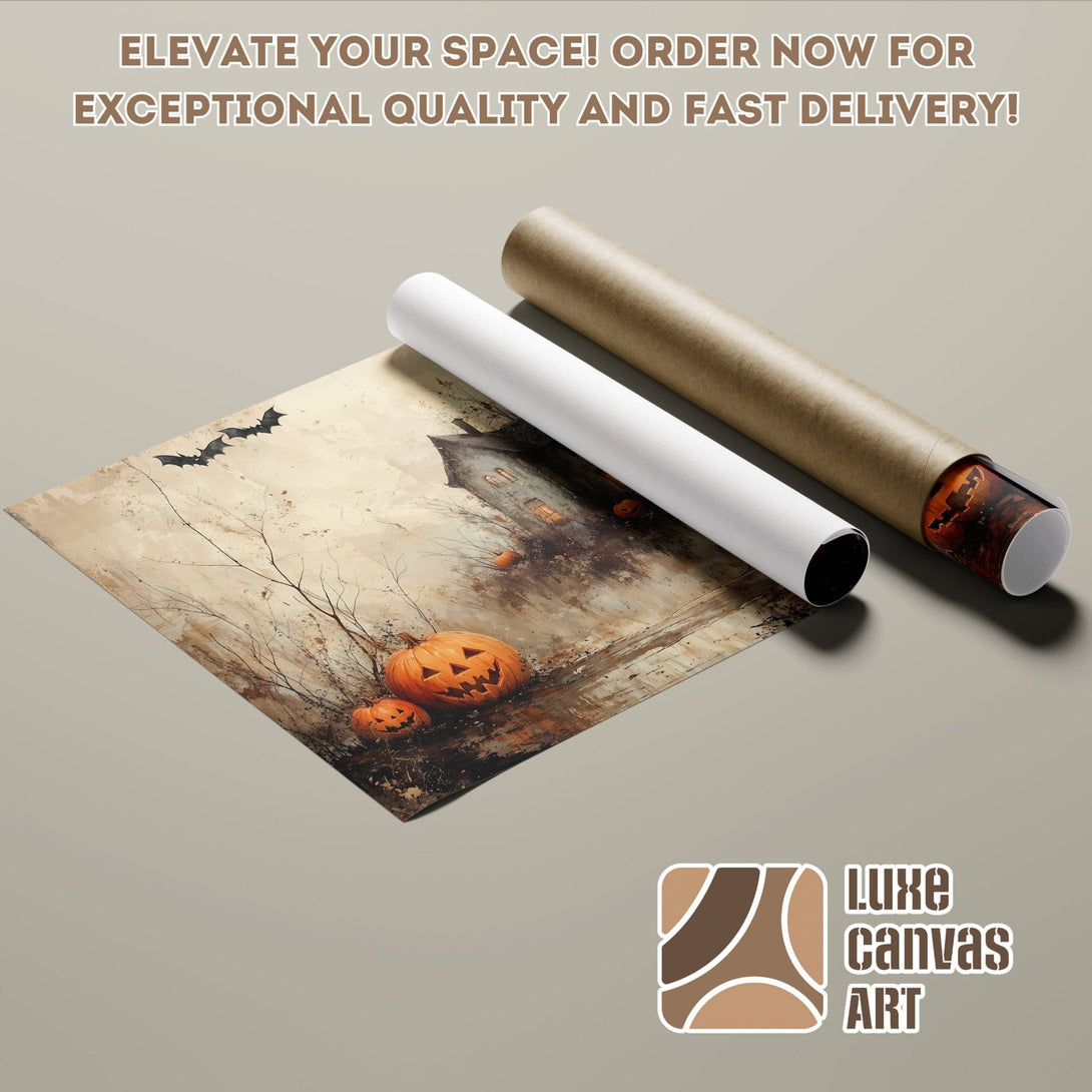 Halloween Poster Roll with pumpkins, bats, and spooky house. Warm, earthy tones. Order now!
