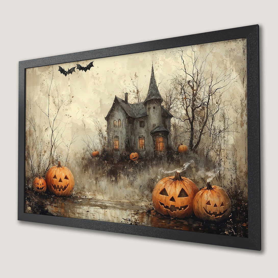 Framed Poster: Spooky Halloween scene with haunted house, pumpkins, and bats. Watercolor style, sepia and orange color palette. Perfect wall art!