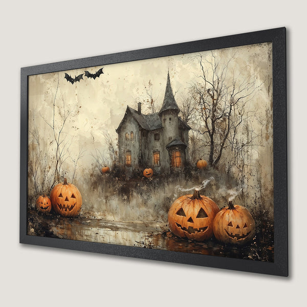 Framed Poster: Spooky Halloween scene with haunted house, pumpkins, and bats. Watercolor style, sepia and orange color palette. Perfect wall art!