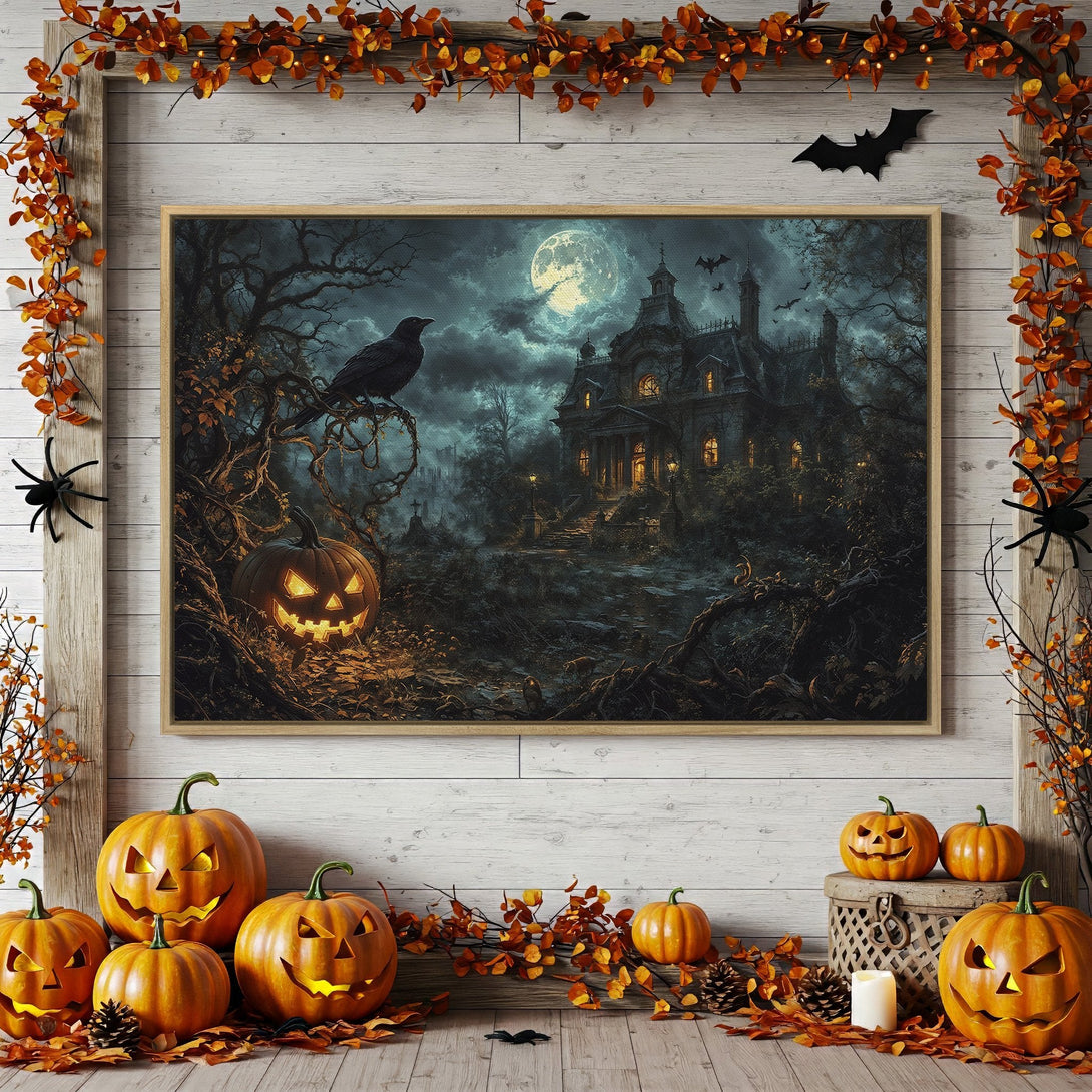 Framed Wall Art: Spooky Halloween scene with haunted house, raven, and pumpkins. Dark, moody color palette. Perfect for fall decor.