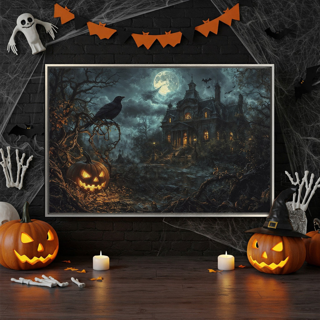 Framed Wall Art: Spooky Halloween scene with a haunted house, raven, and pumpkin, in a dark, moody color palette. Perfect for Halloween decor!