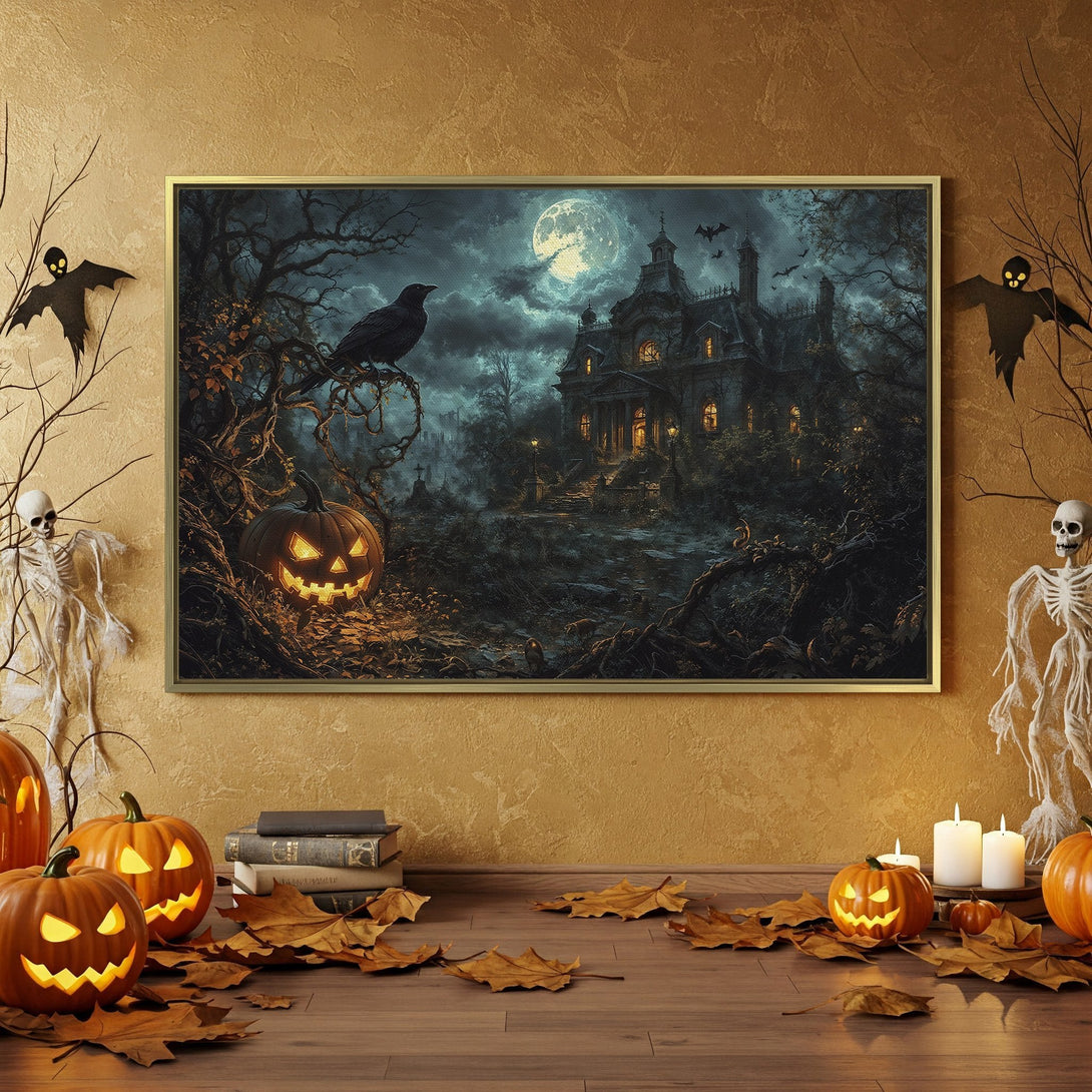 Spooky Halloween Canvas Print featuring a haunted house in a dark, moody color palette. Perfect for adding a touch of frightful decor!