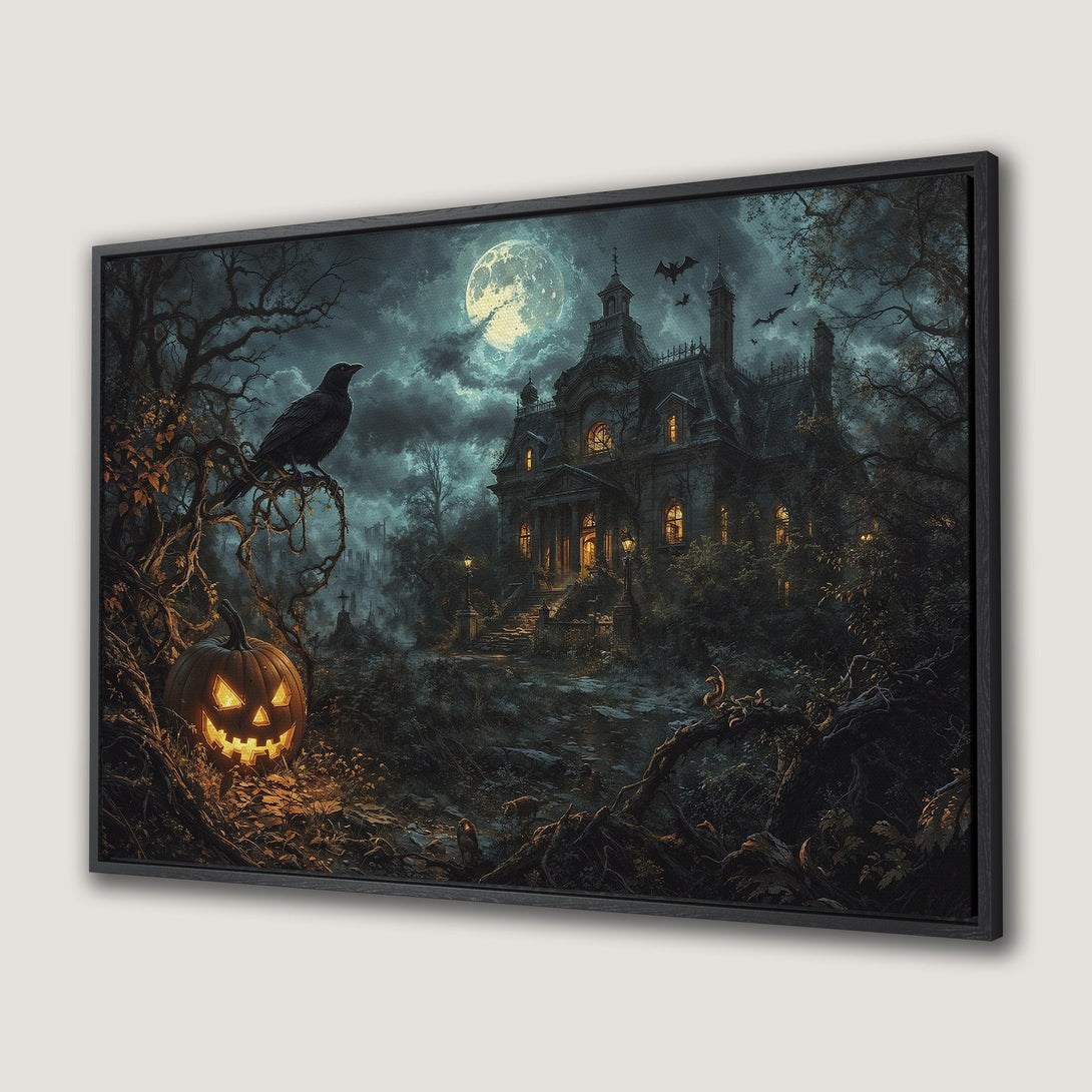 Framed Wall Art: Spooky Halloween scene with haunted house, glowing pumpkin, and raven. Dark, moody color palette perfect for seasonal decor.