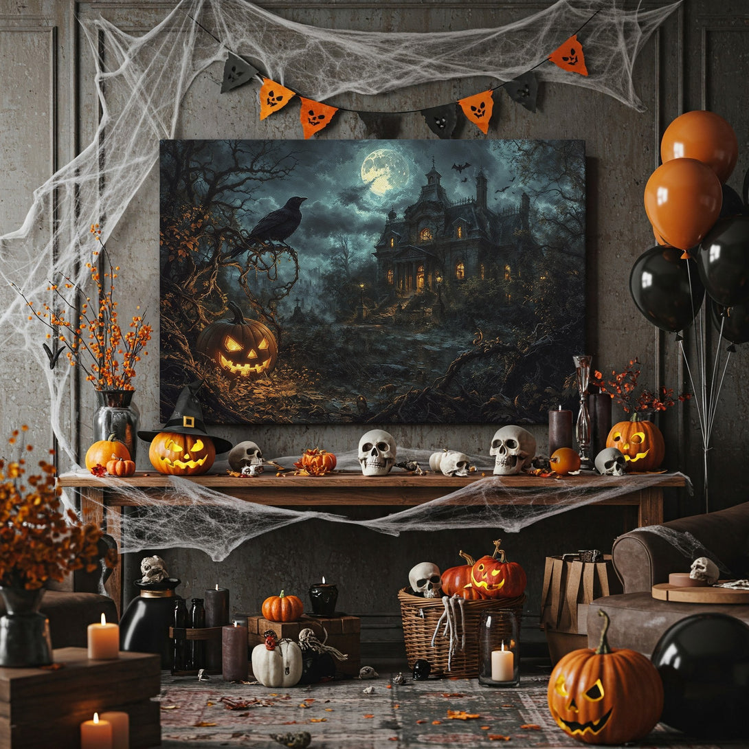Framed Wall Art featuring a spooky haunted house scene with a dark, moody color palette. Perfect Halloween decor!
