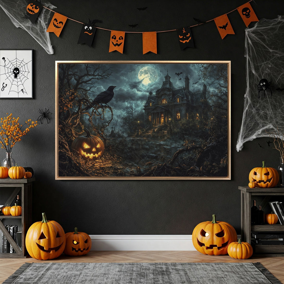 Framed Wall Art: Spooky Halloween scene with haunted house, crow, and jack-o-lanterns. Dark, moody color palette. Perfect for Halloween decor!
