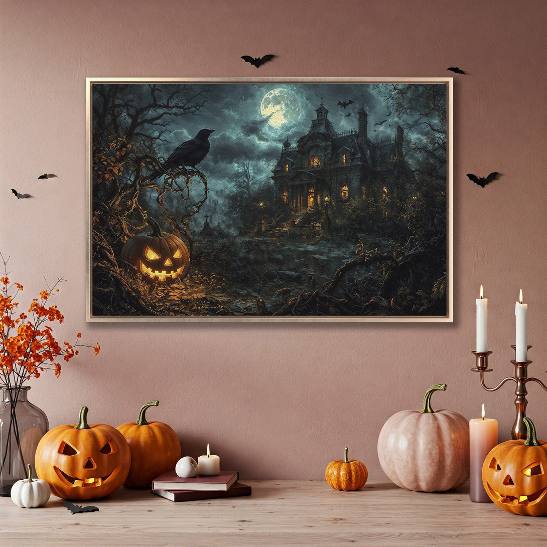 Framed Wall Art: Spooky Halloween scene with a haunted house, raven, and jack-o-lantern. Dark, moody color palette perfect for fall decor.