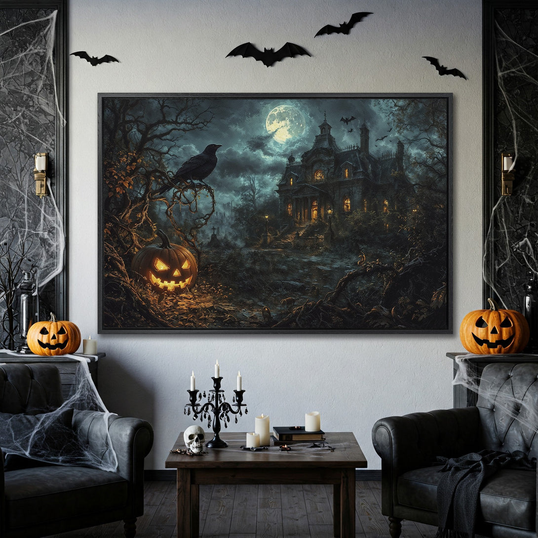 Framed Wall Art: Spooky Halloween scene with haunted house, raven, and glowing pumpkin. Dark, moody color palette for a chilling aesthetic.