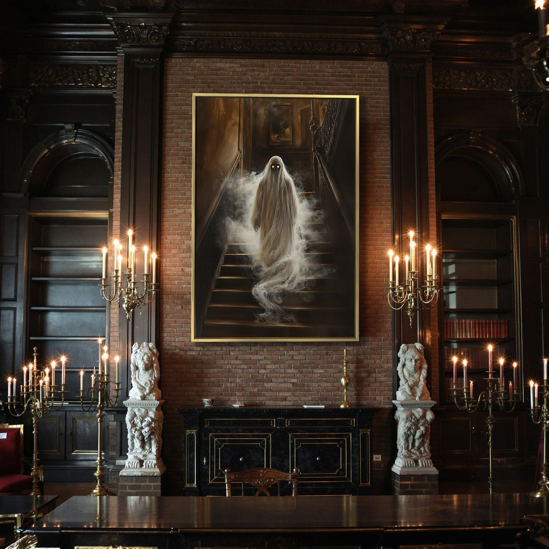 Canvas Print: Spooky ghost on staircase artwork, gothic style, warm brown and cream palette. Perfect Halloween home decor.