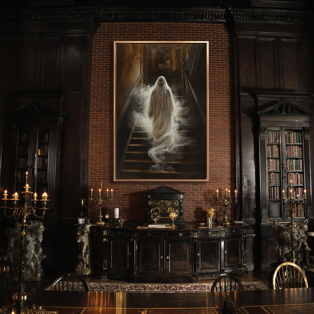 Framed Wall Art: Spooky ghost descending stairs in a dark, moody interior. Gothic style, warm brown and sepia tones. Perfect Halloween decor.