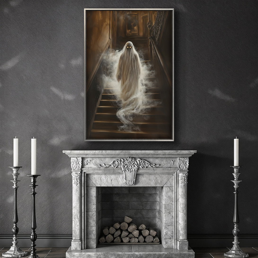 Framed Wall Art featuring a ghostly figure on a staircase. Dark, moody color palette with a vintage, spooky aesthetic. Perfect for Halloween decor!