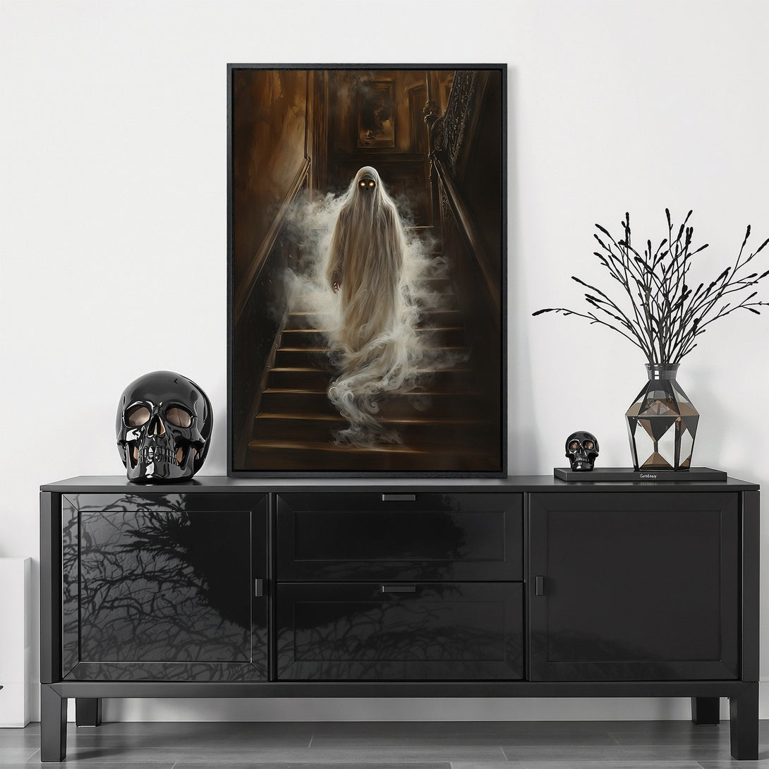 Framed Wall Art: Spooky ghost descending a staircase. Dark, moody artwork with a sepia color palette. Perfect Halloween decor for your home!
