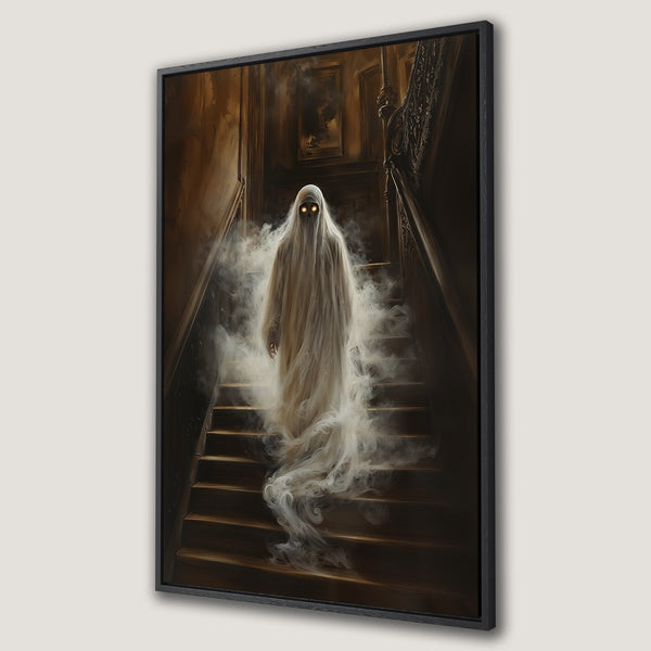 Framed Wall Art: Spooky ghost descending stairs. Dark, moody color palette. Perfect Halloween decor. Add a touch of eerie elegance to your home.