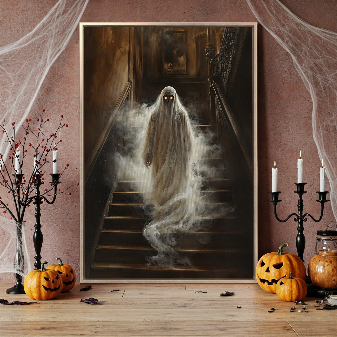 Framed Wall Art: Spooky ghost on stairs canvas print, perfect Halloween decor. Featuring a vintage style and a warm, earthy color palette.