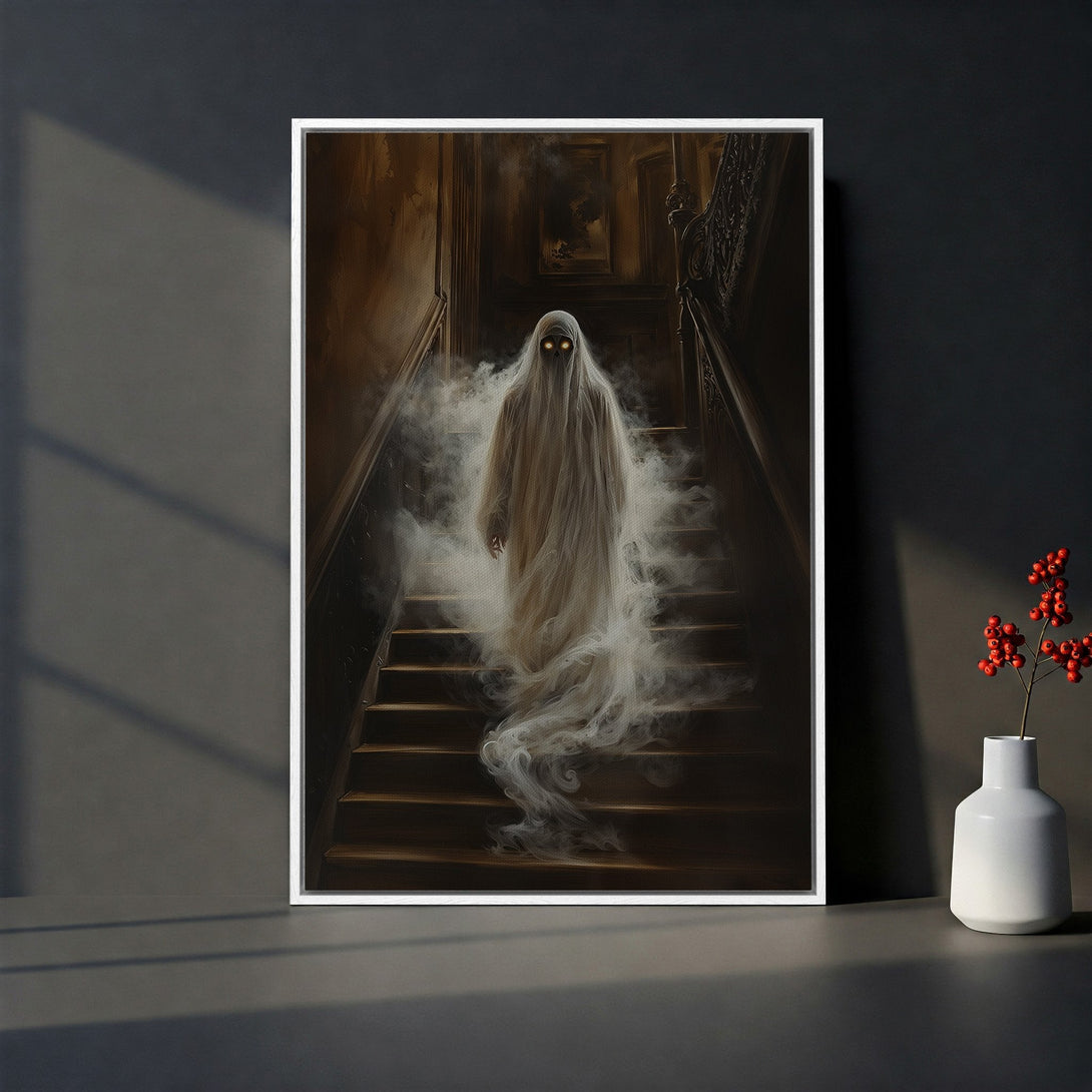 Framed Wall Art: Spooky ghost descending stairs in a haunted house. Dark, moody color palette with brown, white, and black tones. Perfect Halloween decor!