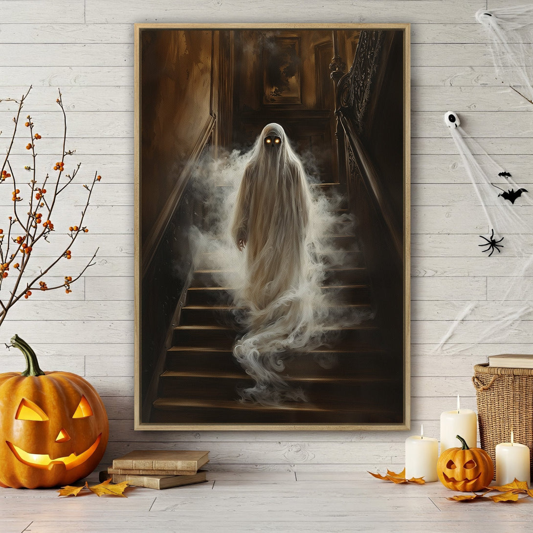 Framed Wall Art: Spooky ghost on a staircase canvas print. Vintage style with a warm, autumnal color palette. Perfect Halloween decor!