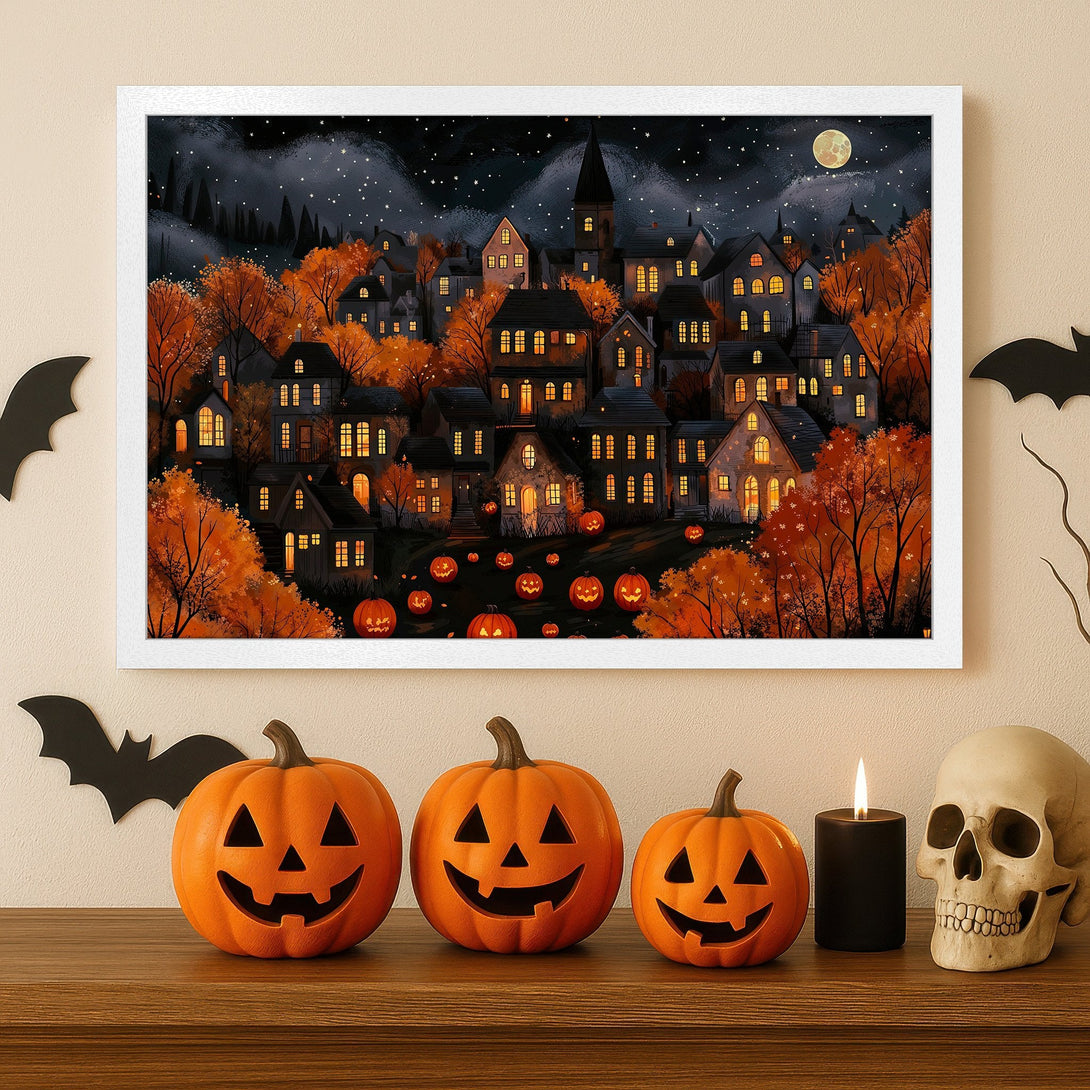 Framed Poster featuring a spooky Halloween village scene with orange and black colors. Perfect autumn decor!