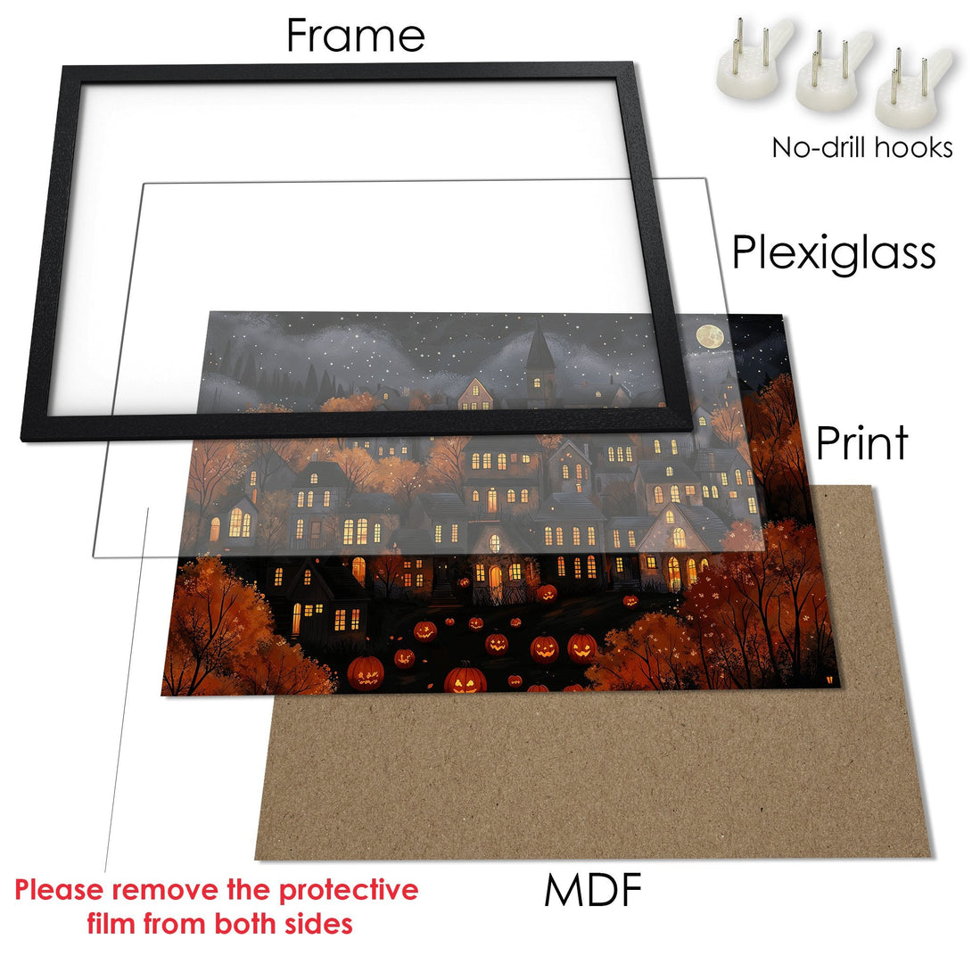 Framed Poster featuring a spooky Halloween town scene with a dark, orange, and gray color palette. Perfect fall decor!