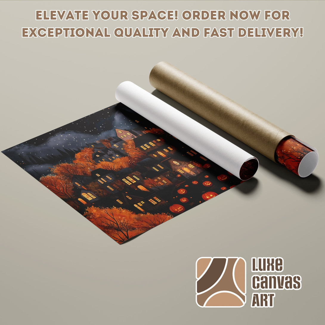 Poster Roll featuring a spooky Halloween scene in warm orange and dark blue tones.