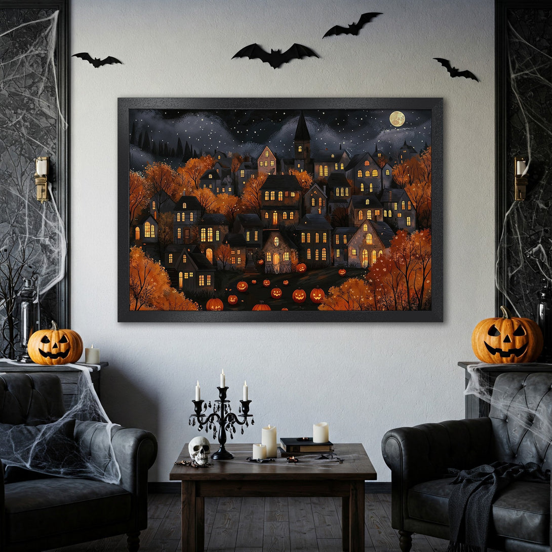 Framed Poster featuring a spooky town scene with orange and black hues. Perfect Halloween decor!