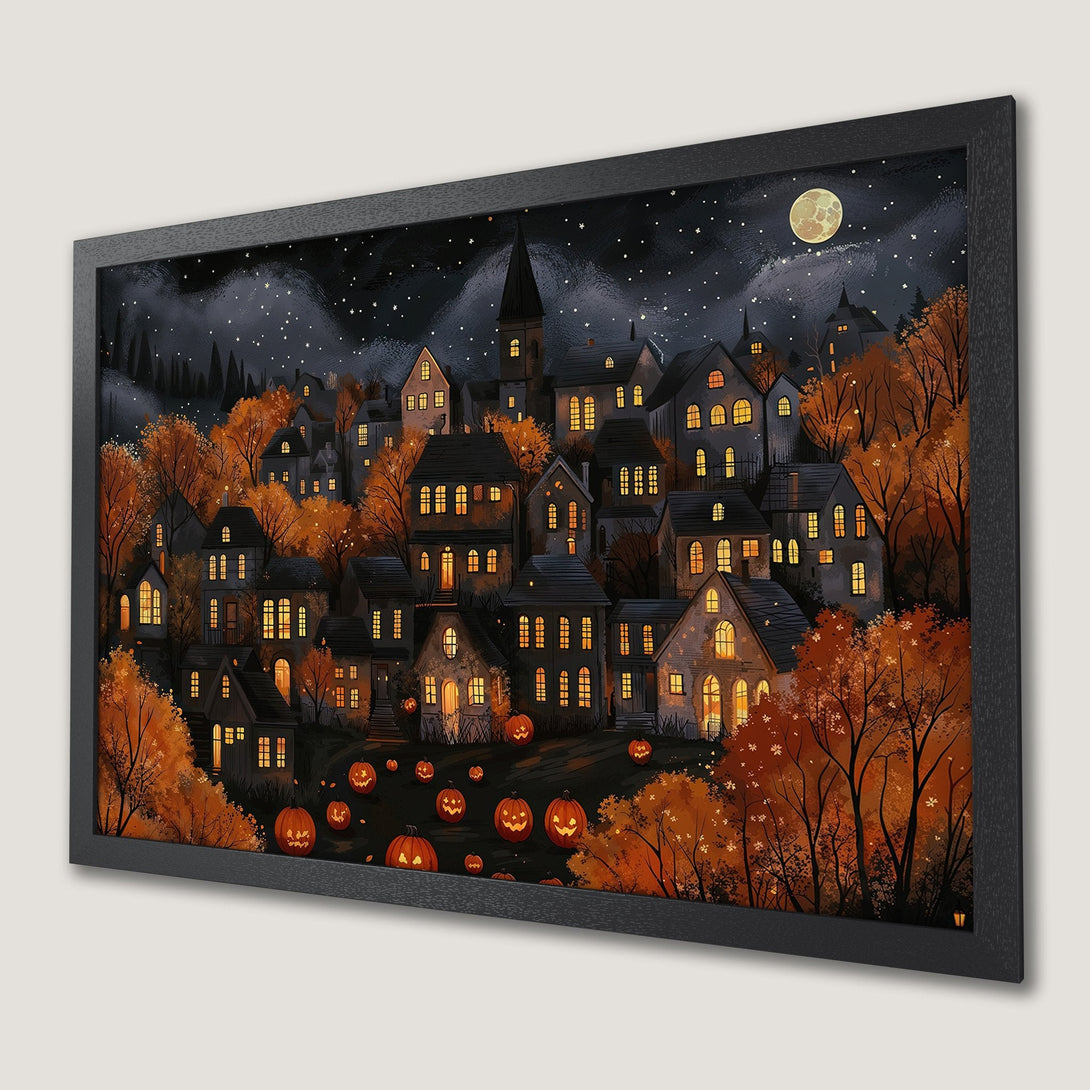 Framed Poster of a spooky Halloween village scene, featuring a dark color palette with orange and black. Perfect fall decor!