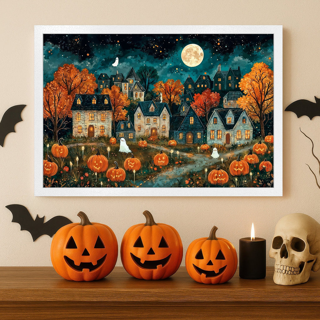 Framed Poster of a spooky Halloween town scene with pumpkins, ghosts, and a full moon. Watercolor style, warm autumn colors.