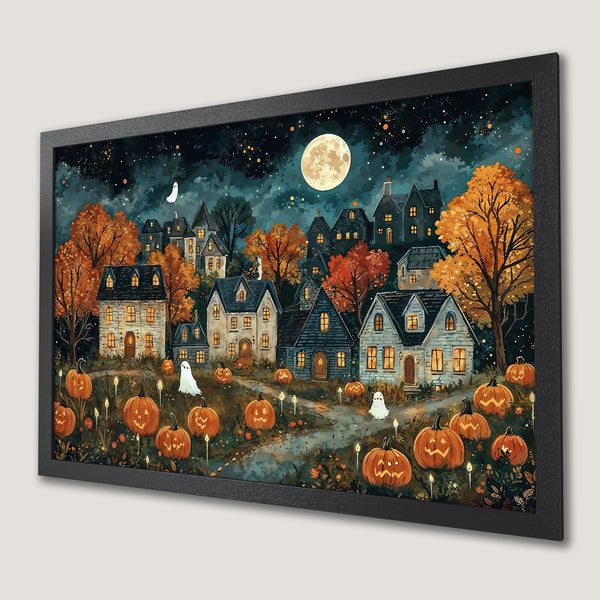 Framed Poster: Spooky Halloween town art print with pumpkins, ghosts, and full moon. Watercolor style, dark teal & orange palette.
