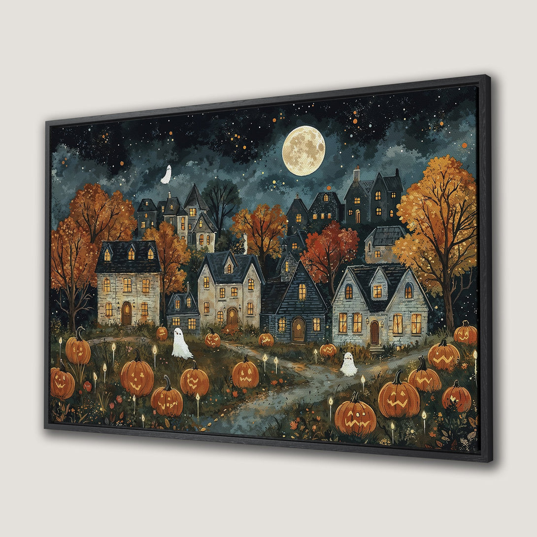 Canvas Print of a whimsical Halloween village scene, featuring pumpkins, ghosts, and a full moon. Warm autumn color palette.