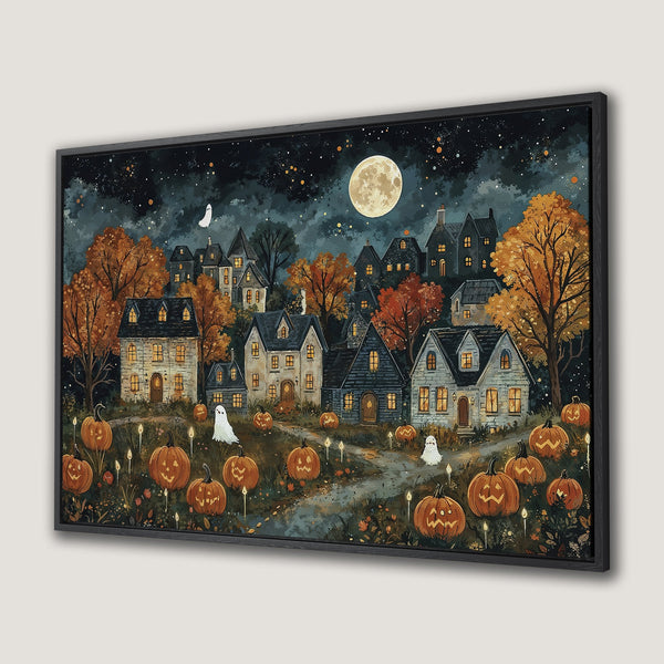 Canvas Print of a whimsical Halloween village scene, featuring pumpkins, ghosts, and a full moon. Warm autumn color palette.