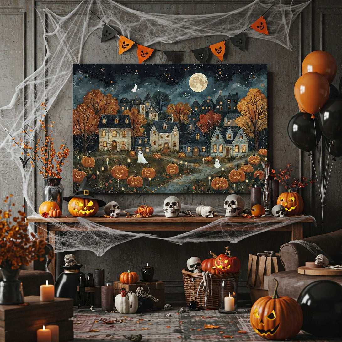 Framed Wall Art: Spooky Halloween town scene in a whimsical style. Featuring a dark blue, orange, and gold color palette. Perfect for fall decor!