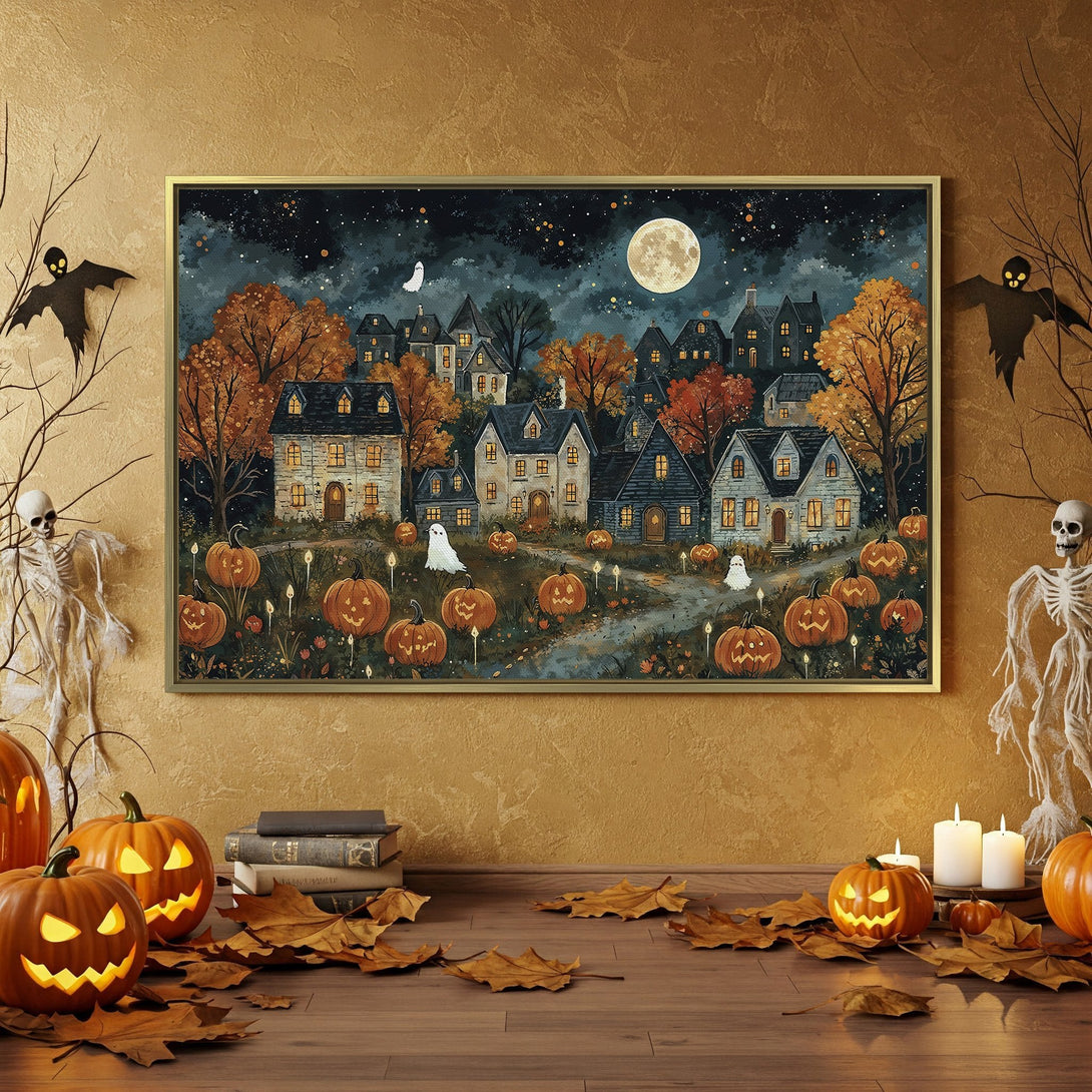 Canvas Print: Spooky Halloween scene with a whimsical village, pumpkins, and a full moon. Warm orange, blue, and brown color palette. Perfect fall decor.